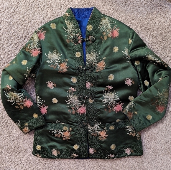 Vintage 70's Reversible Quilted  Embroidered Satin Jacket Blue Green S - Picture 6 of 16